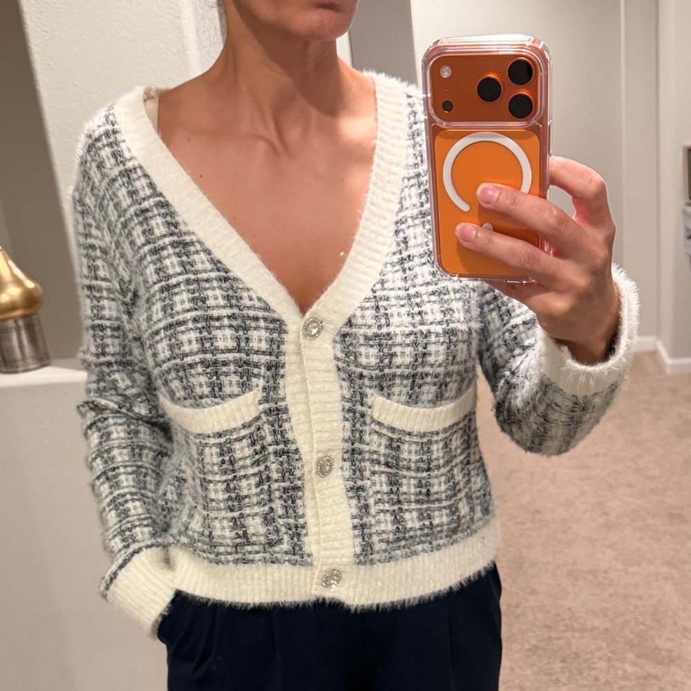 Women's Black and White Fuzzy Sweater
